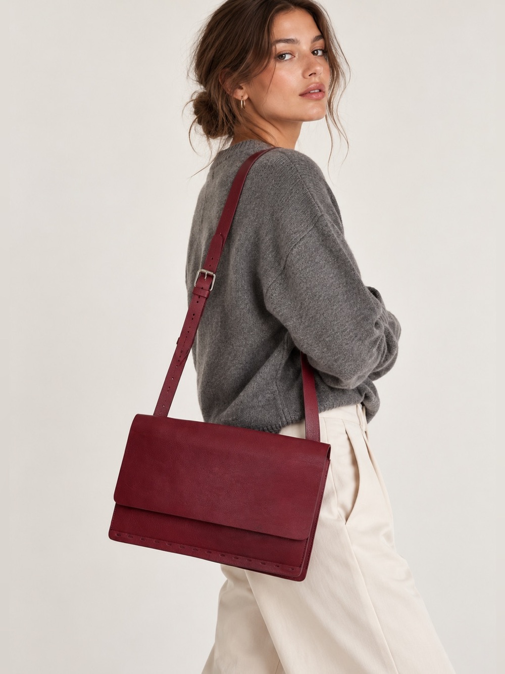 By Malene Birger Crossbody Bag purse red leather envelope medium burgundy wine